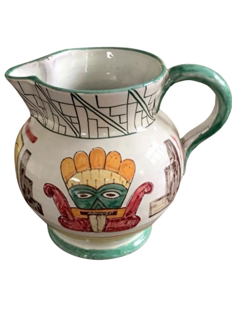 Vintage Peruvian Pottery Pitcher Hand Painted Folk Art FLA Peru 6.25”